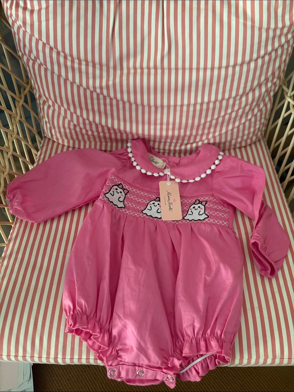 Girls Pink Smocked one piece with Cute Ghost Appliqués
